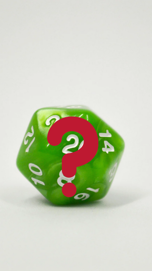 A translucent green polyhedral die with white numbers and a large red question mark graphic overlaid in the center, photographed on a plain light background.