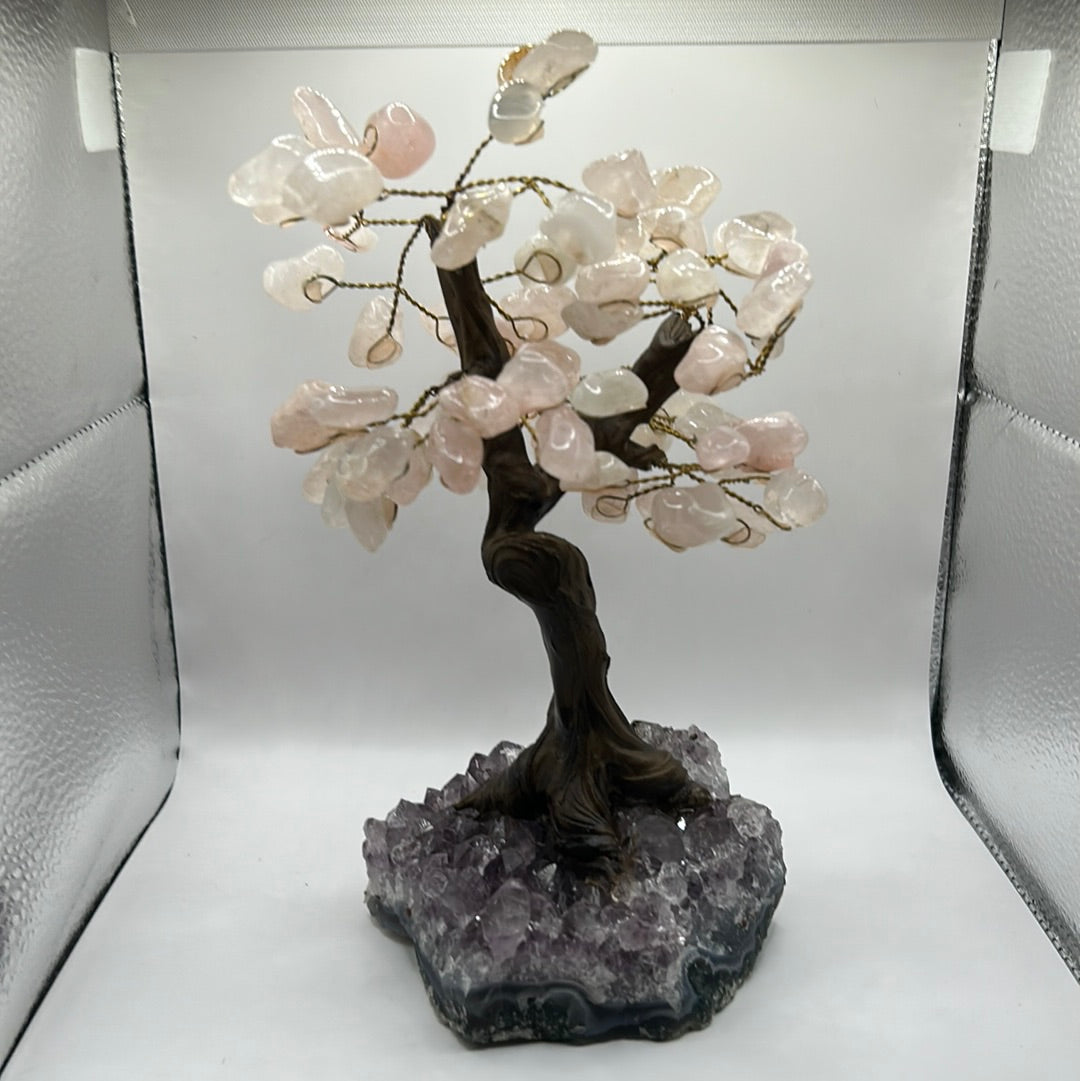 Rose Quartz Trees on Amethyst Cluster Base