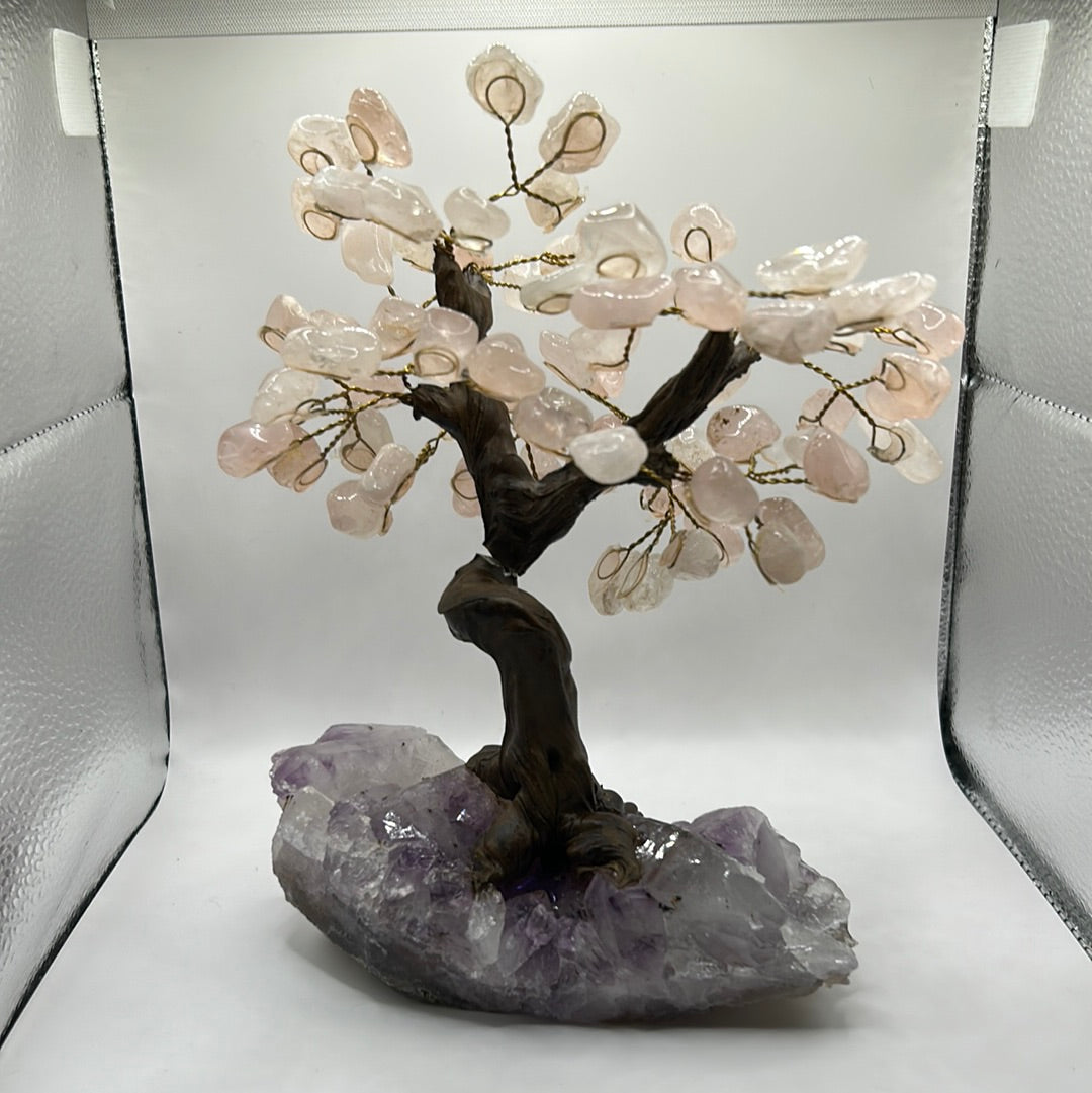 Rose Quartz Trees on Amethyst Cluster Base