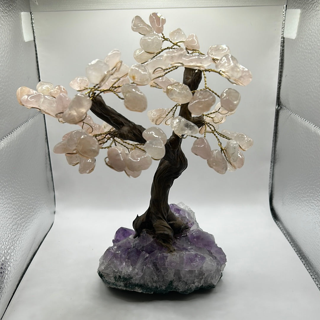 Rose Quartz Trees on Amethyst Cluster Base