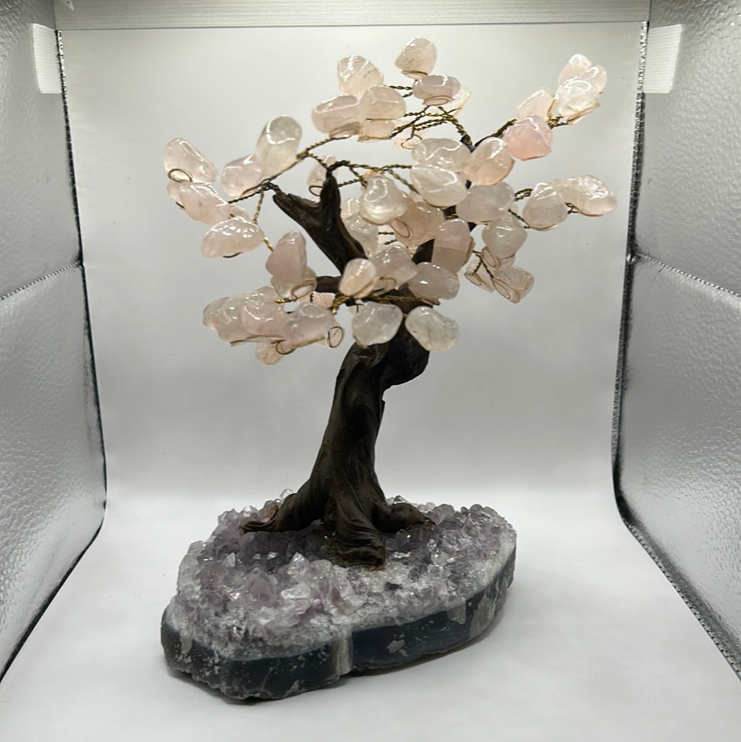 Rose Quartz Trees on Amethyst Cluster Base